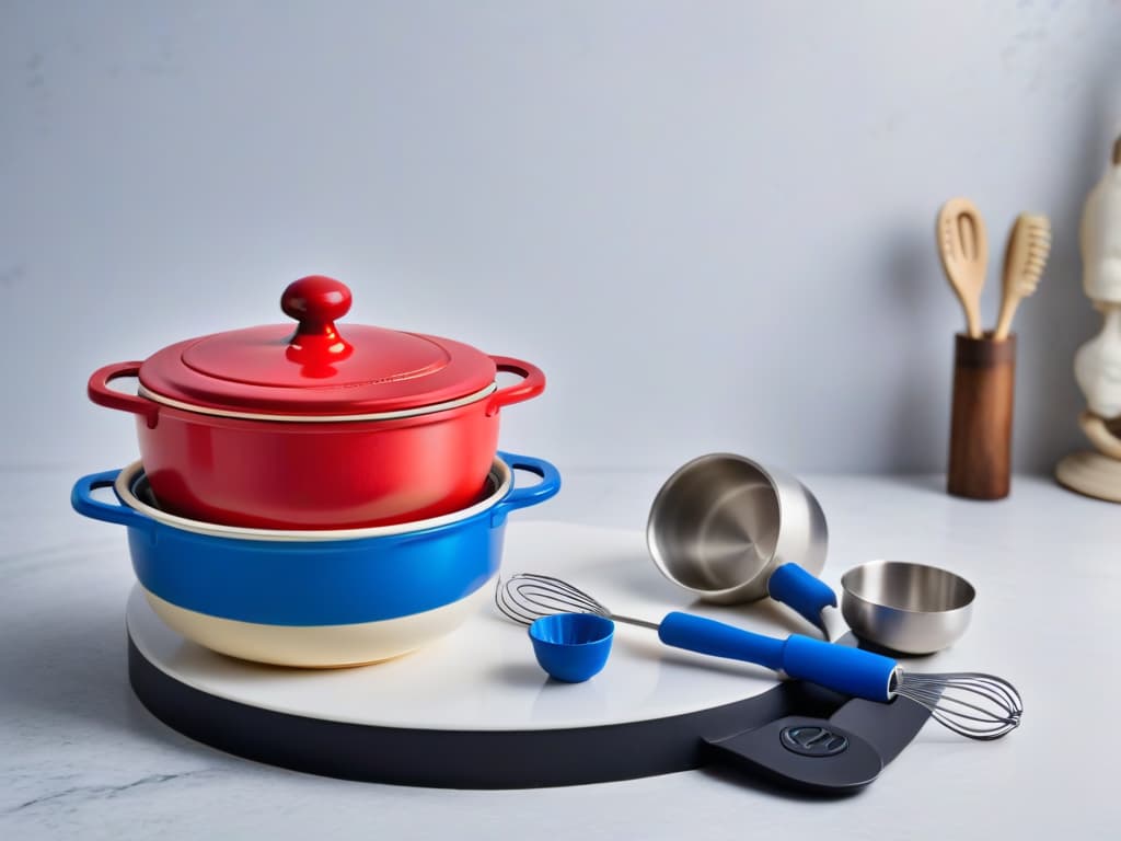  A sleek, minimalistic image of a baking set inspired by Nintendo's iconic red and blue color scheme, featuring a mixing bowl, measuring cups, and a whisk with subtle Nintendothemed accents like small Mario or Zelda symbols engraved on the handles. The background is a clean, white marble countertop, emphasizing the professional and stylish aesthetic of the utensils for baking enthusiasts. hyperrealistic, full body, detailed clothing, highly detailed, cinematic lighting, stunningly beautiful, intricate, sharp focus, f/1. 8, 85mm, (centered image composition), (professionally color graded), ((bright soft diffused light)), volumetric fog, trending on instagram, trending on tumblr, HDR 4K, 8K