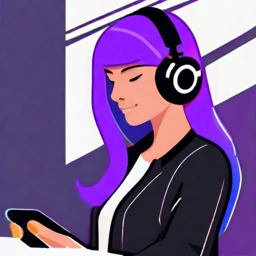  girl with long purple hair with gaming headphones