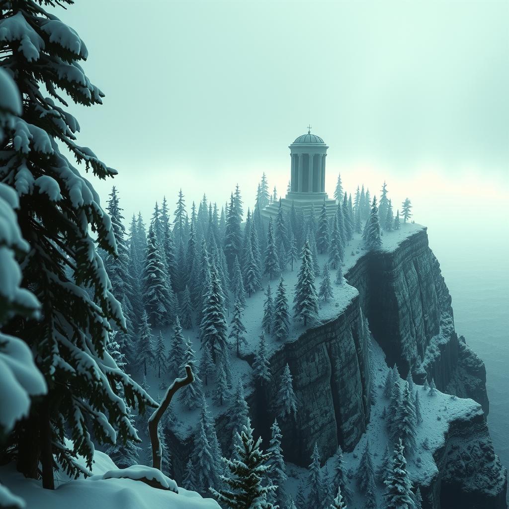  snowy arctic island covered in pine forests just above a stormy sea, the island looms 150 feet over the water in icy, treacherous cliffs, gothic mausoleum stands on the northern end of the island, haunting, 1990s ravenloft art ar 16:9 hyperrealistic, full body, detailed clothing, highly detailed, cinematic lighting, stunningly beautiful, intricate, sharp focus, f/1. 8, 85mm, (centered image composition), (professionally color graded), ((bright soft diffused light)), volumetric fog, trending on instagram, trending on tumblr, HDR 4K, 8K