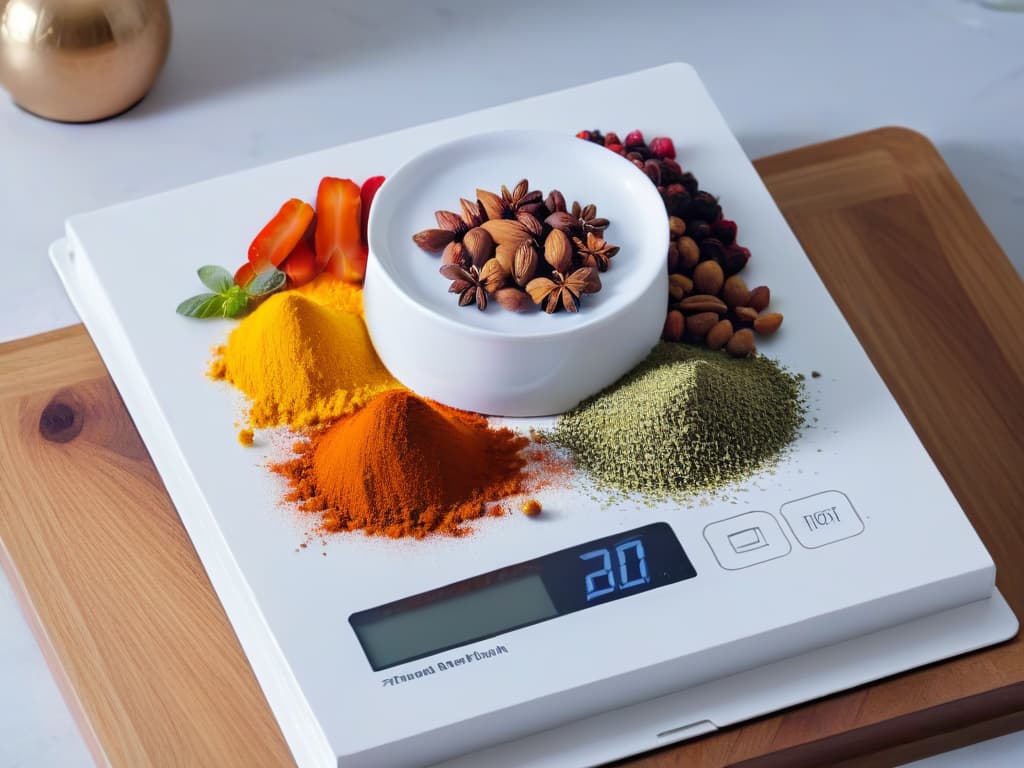  An 8k ultradetailed image of a sleek, modern digital kitchen scale with a futuristic touch screen display, showcasing precise measurements of colorful spices and herbs. The scale is placed on a pristine marble countertop, surrounded by scattered ingredients like flour, berries, and nuts, emphasizing the precision and functionality of advanced digital kitchen scales in culinary settings. hyperrealistic, full body, detailed clothing, highly detailed, cinematic lighting, stunningly beautiful, intricate, sharp focus, f/1. 8, 85mm, (centered image composition), (professionally color graded), ((bright soft diffused light)), volumetric fog, trending on instagram, trending on tumblr, HDR 4K, 8K