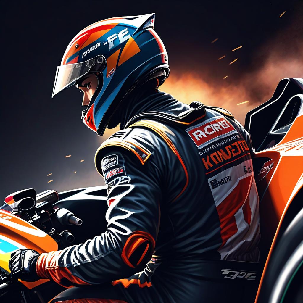  manga style Poster, F1 racer, in racing helmet, view from behind the racer, anime, dark background, no face visible. . vibrant, high energy, detailed, iconic, Japanese comic style hyperrealistic, full body, detailed clothing, highly detailed, cinematic lighting, stunningly beautiful, intricate, sharp focus, f/1. 8, 85mm, (centered image composition), (professionally color graded), ((bright soft diffused light)), volumetric fog, trending on instagram, trending on tumblr, HDR 4K, 8K