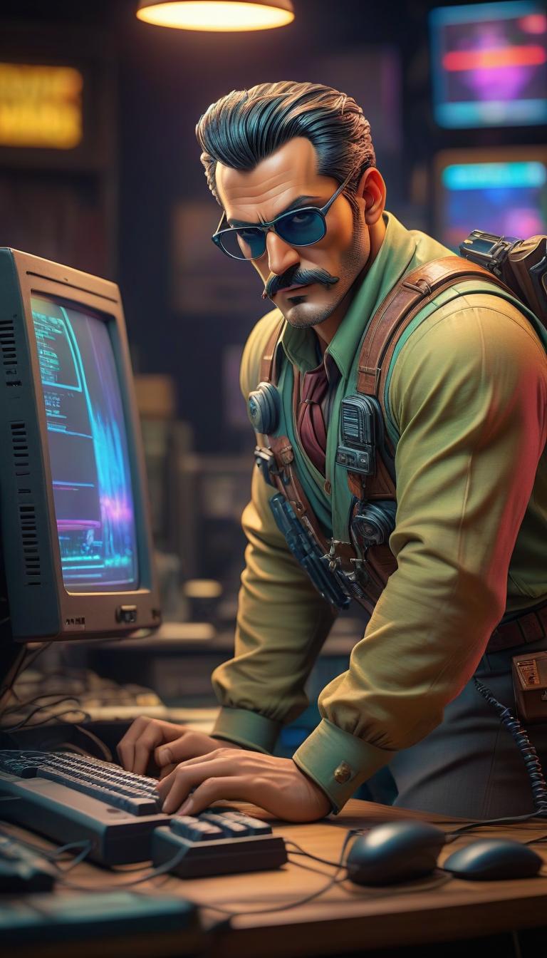  retro game art Man at computer. . 16 bit, vibrant colors, pixelated, nostalgic, charming, fun hyperrealistic, full body, detailed clothing, highly detailed, cinematic lighting, stunningly beautiful, intricate, sharp focus, f/1. 8, 85mm, (centered image composition), (professionally color graded), ((bright soft diffused light)), volumetric fog, trending on instagram, trending on tumblr, HDR 4K, 8K