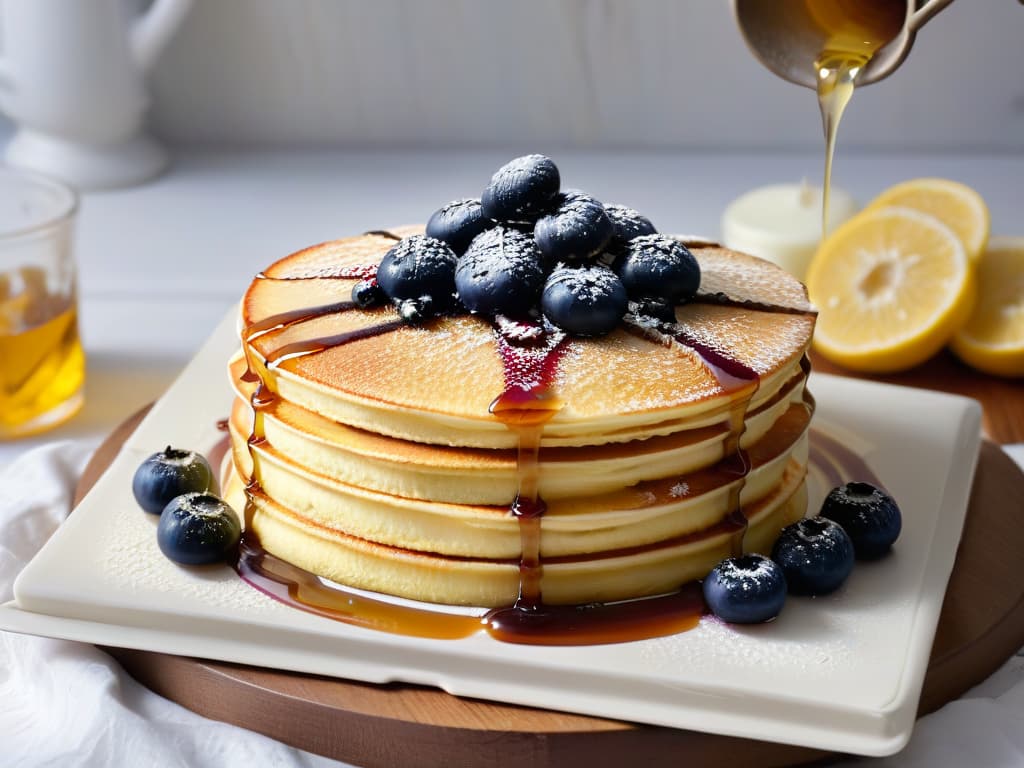  An ultradetailed, photorealistic image of a decadent stack of fluffy pancakes drizzled with rich, amberhued maple syrup, topped with a dollop of melting butter and a sprinkling of fresh berries. The syrup cascades down the sides of the pancakes, glistening in the light, creating a mouthwatering and irresistible visual feast that perfectly complements the article on incorporating maple syrup into sweet recipes. hyperrealistic, full body, detailed clothing, highly detailed, cinematic lighting, stunningly beautiful, intricate, sharp focus, f/1. 8, 85mm, (centered image composition), (professionally color graded), ((bright soft diffused light)), volumetric fog, trending on instagram, trending on tumblr, HDR 4K, 8K