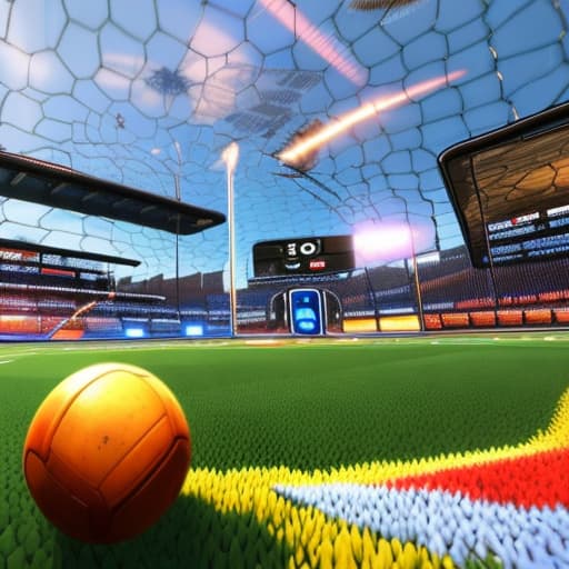 portrait+ style rocket league 1v1 match hyperrealistic, full body, detailed clothing, highly detailed, cinematic lighting, stunningly beautiful, intricate, sharp focus, f/1. 8, 85mm, (centered image composition), (professionally color graded), ((bright soft diffused light)), volumetric fog, trending on instagram, trending on tumblr, HDR 4K, 8K