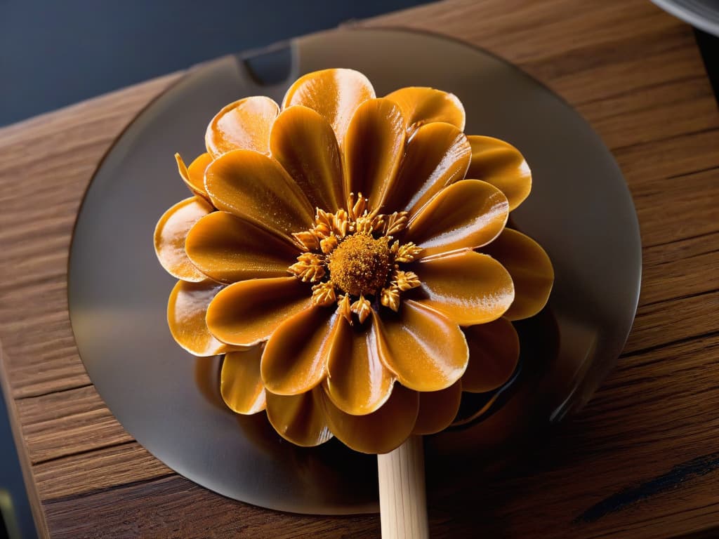  A closeup, ultradetailed image of a delicate, intricate sugar flower crafted from glistening coconut sugar, resting on a rustic wooden spoon against a soft, blurred background of a kitchen setting. The texture of the flower is so finely rendered that each granule of sugar is visible, reflecting the light in a mesmerizing pattern. The warm tones of the coconut sugar contrast beautifully with the earthy hues of the spoon, creating a visually stunning and elegant composition that embodies the essence of gourmet pastry craftsmanship. hyperrealistic, full body, detailed clothing, highly detailed, cinematic lighting, stunningly beautiful, intricate, sharp focus, f/1. 8, 85mm, (centered image composition), (professionally color graded), ((bright soft diffused light)), volumetric fog, trending on instagram, trending on tumblr, HDR 4K, 8K