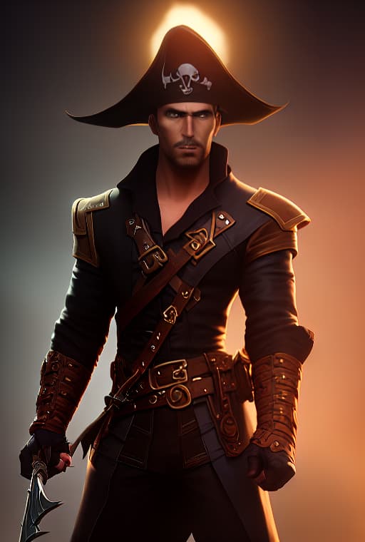 arcane style fantasy character portrait of a young pirate Man, pirate hat, from head to hips, Stocky, sturdy,  green eyes, wearing only black and leather clothes and jacket, neutral expression, black shirt and leather stripes jacket,
at sea with ships, dark background, in the middle of the sea with a small moon above hyperrealistic, full body, detailed clothing, highly detailed, cinematic lighting, stunningly beautiful, intricate, sharp focus, f/1. 8, 85mm, (centered image composition), (professionally color graded), ((bright soft diffused light)), volumetric fog, trending on instagram, trending on tumblr, HDR 4K, 8K