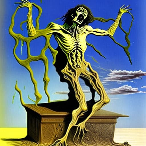 estilovintedois High Relief,by Salvador Dali,realistic version of RA disturbing image of a heavily decomposing goul crawling out of the grave, heavy raining with mud (human body in a metamorphosis state)Professional