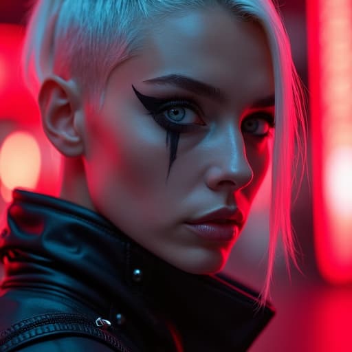  ultra realistic close up portrait ((beautiful pale cyberpunk female with heavy black eyeliner)), blue eyes, shaved side haircut, hyper detail, cinematic lighting, magic neon, dark red city, canon eos r3, nikon, f/1.4, iso 200, 1/160s, 8k, raw, unedited, symmetrical balance, in frame, 8k hyperrealistic, full body, detailed clothing, highly detailed, cinematic lighting, stunningly beautiful, intricate, sharp focus, f/1. 8, 85mm, (centered image composition), (professionally color graded), ((bright soft diffused light)), volumetric fog, trending on instagram, trending on tumblr, HDR 4K, 8K