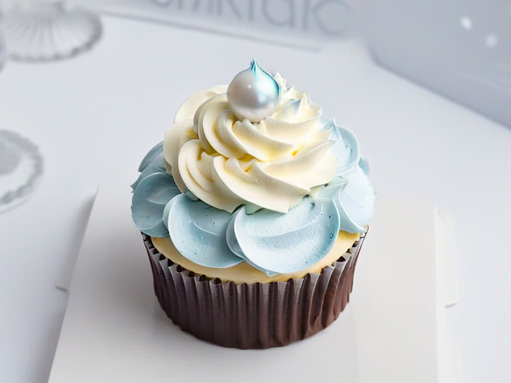  An ultradetailed closeup image of a perfectly frosted cupcake with delicate swirls of pastelcolored buttercream, topped with a single shimmering silver edible pearl, set against a pristine white background to emphasize the intricate details of the frosting texture and the glistening pearl. hyperrealistic, full body, detailed clothing, highly detailed, cinematic lighting, stunningly beautiful, intricate, sharp focus, f/1. 8, 85mm, (centered image composition), (professionally color graded), ((bright soft diffused light)), volumetric fog, trending on instagram, trending on tumblr, HDR 4K, 8K