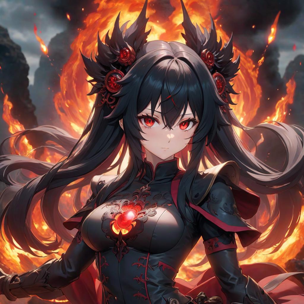  an anime character with red eyes and black hair, by Kanbun Master, trending on Artstation, vanitas, epic legends game icon, made of lava, rin tohsaka, izuku midoriya, blazing infero, dark. no text, anime movie frame, anime style hyperrealistic, full body, detailed clothing, highly detailed, cinematic lighting, stunningly beautiful, intricate, sharp focus, f/1. 8, 85mm, (centered image composition), (professionally color graded), ((bright soft diffused light)), volumetric fog, trending on instagram, trending on tumblr, HDR 4K, 8K