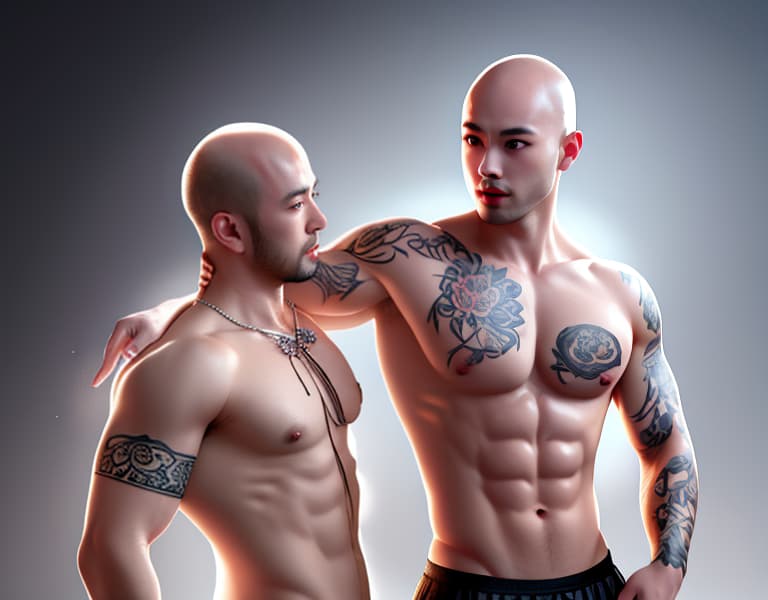  bald tattooed Chinese men bodybuilders with lace are making love in festivals，gays，salves，big bulge and ass，Asian，naked whole body， hyperrealistic, full body, detailed clothing, highly detailed, cinematic lighting, stunningly beautiful, intricate, sharp focus, f/1. 8, 85mm, (centered image composition), (professionally color graded), ((bright soft diffused light)), volumetric fog, trending on instagram, trending on tumblr, HDR 4K, 8K