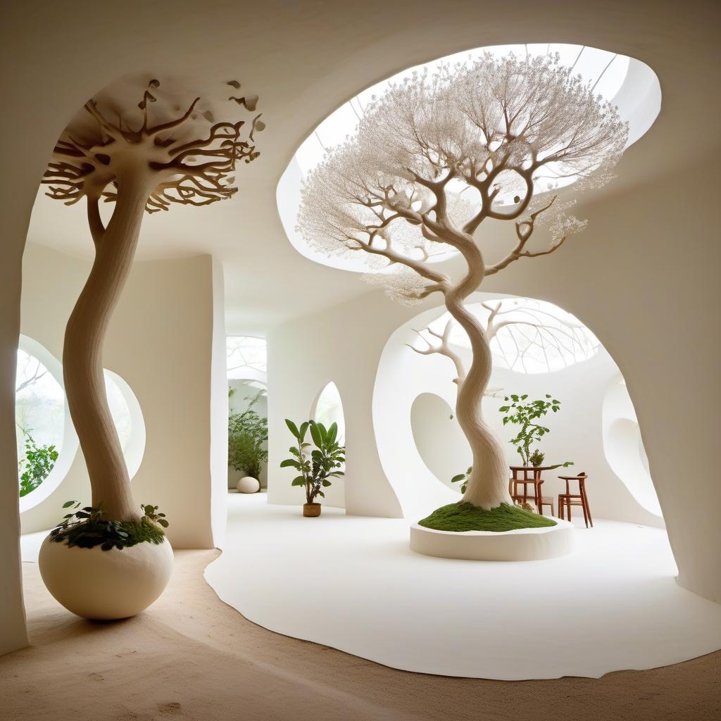  fighting game style The space inside a house made of white clay, without corners. The house is formed by: a tree trunk that sends live branches with leaves into the house, and white clay that forms the walls and floor. The walls and floor are merged into one, like the house is an uneven sphere. The combination of clay and tree creates a living structure that blooms with green leaves on live branches. Along the walls and floor, branches extend to form some natural shelves, cabinets, closets, beds, and tables. All this looks like a creation of nature itself not of a human being. It's as if God made the house comfortable for humans with the Tree of Life. . dynamic, vibrant, action packed, detailed character design, reminiscent of fighting v hyperrealistic, full body, detailed clothing, highly detailed, cinematic lighting, stunningly beautiful, intricate, sharp focus, f/1. 8, 85mm, (centered image composition), (professionally color graded), ((bright soft diffused light)), volumetric fog, trending on instagram, trending on tumblr, HDR 4K, 8K