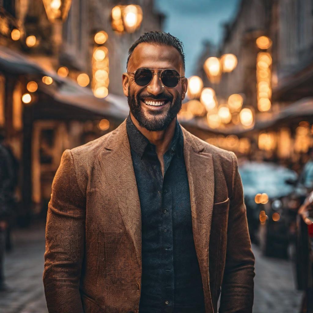  a man with big smile  hyperrealistic, full body, detailed clothing, highly detailed, cinematic lighting, stunningly beautiful, intricate, sharp focus, f/1. 8, 85mm, (centered image composition), (professionally color graded), ((bright soft diffused light)), volumetric fog, trending on instagram, trending on tumblr, HDR 4K, 8K