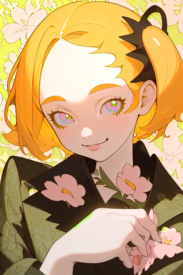  ((floral background)),(absurdres,highres,superlative),((texture)),((contrast)),(top quality,masterpiece),(sence of depth:0.8),(madeon,face only) BREAK solo,girl,kawaii,happy smile,beautiful eyes,glossy lip,pastel yellow hair,short hair,two side up,forehead,parted bangs,both hands on face,