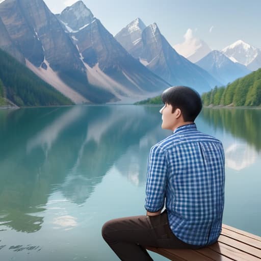  A man in a checkered shirt sits with his back to the camera on a wooden platform beside a lake. He seems to be gazing at the lake and mountains in the distance, giving a sense of contemplation or appreciation of the beauty of nature.