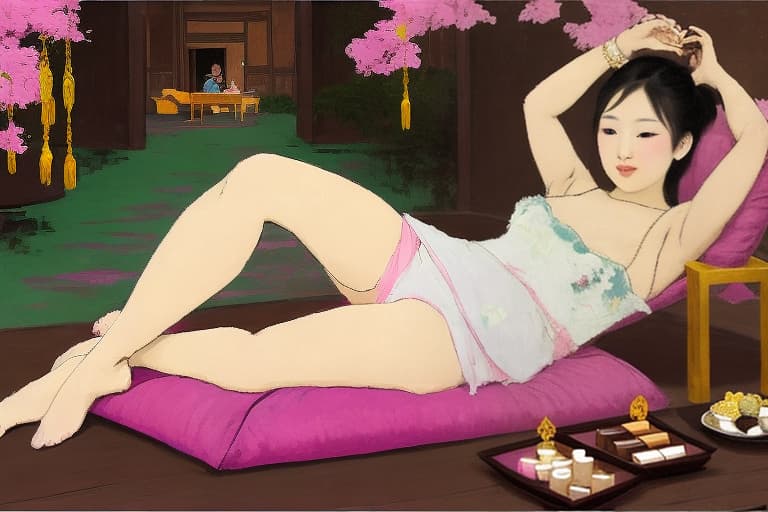  Attractive Beautiful young Asian reclining with moist pink open lips. Forground is plates of fine dark chocolates. Background is a Asian palace. Painting style of Edgar Degas