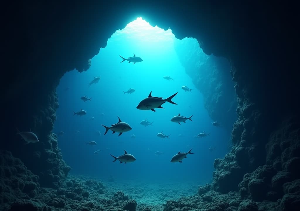  good quality, high quality, a school of fish swim through a dark underwater cave opening into bright blue water