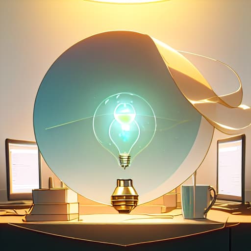  (Create a professional and vibrant illustration of a business owner’s workspace where the main elements include a modern, glowing light bulb and a course cover displayed on a laptop screen. The scene should feel clean, minimalistic, and engaging, resonating with business owners. Workspace Setting: A clean, minimalistic desk with a laptop open, showing a course cover titled "Beacons Mastery Course: Converting Ideas into Income". Additional elements like a coffee cup, stationery, and scattered documents. Background featuring a subtle gradient to add depth without cluttering the visual. Light Bulb: A modern, stylized light bulb hanging above the desk with a soft glow effect, symbolizing brilliant ideas and insights. Business Owner Depicti hyperrealistic, full body, detailed clothing, highly detailed, cinematic lighting, stunningly beautiful, intricate, sharp focus, f/1. 8, 85mm, (centered image composition), (professionally color graded), ((bright soft diffused light)), volumetric fog, trending on instagram, trending on tumblr, HDR 4K, 8K