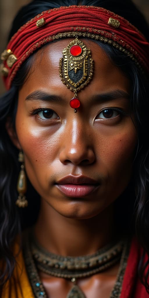  good quality, high quality, realistic of an indigenous face with traditional ornaments, indigenous, portrait, face, ornaments