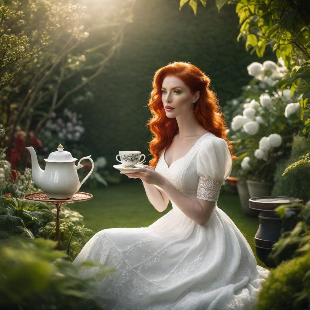  Redhead girl in a white dress sitting in a garden and drinking tea. hyperrealistic, full body, detailed clothing, highly detailed, cinematic lighting, stunningly beautiful, intricate, sharp focus, f/1. 8, 85mm, (centered image composition), (professionally color graded), ((bright soft diffused light)), volumetric fog, trending on instagram, trending on tumblr, HDR 4K, 8K