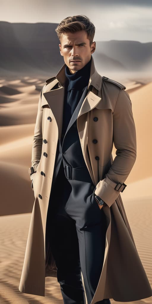  Half body portrait,Young Man in Trench Coat Standing in Desert, cinematic lighting, stunningly beautiful, intricate, sharp focus, f/1. 8, 85mm, (professionally color graded), ((bright soft diffused light)), volumetric fog, trending on instagram, trending on tumblr, HDR 4K, 8K hyperrealistic, full body, detailed clothing, highly detailed, cinematic lighting, stunningly beautiful, intricate, sharp focus, f/1. 8, 85mm, (centered image composition), (professionally color graded), ((bright soft diffused light)), volumetric fog, trending on instagram, trending on tumblr, HDR 4K, 8K