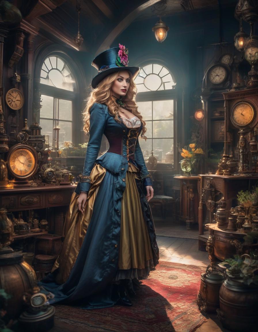  Alice in Wonderland theme in steampunk style, Alice and the Hatter dressed in 2020 fashion, steampunk, illustrations in the style of Daniel F. Gerhartz and Eugene de Blaas, as realistic as possible hyperrealistic, full body, detailed clothing, highly detailed, cinematic lighting, stunningly beautiful, intricate, sharp focus, f/1. 8, 85mm, (centered image composition), (professionally color graded), ((bright soft diffused light)), volumetric fog, trending on instagram, trending on tumblr, HDR 4K, 8K