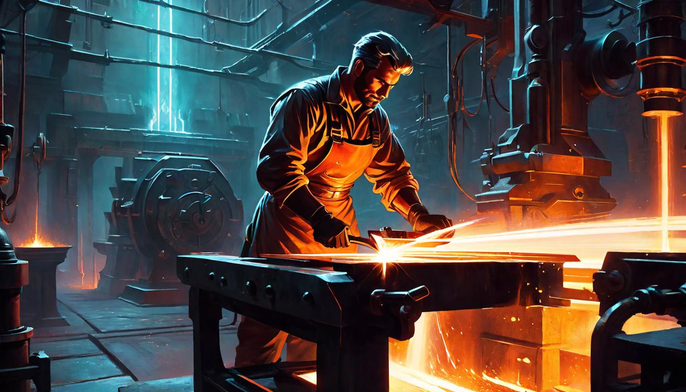  retro futuristic A blacksmith forging a glowing, ethereal boundary line in a darkened forge, emblematic of protection and self care, Forged, protective, empowering lvintage sci fi, 50s and 60s style, atomic age, vibrant, highly detailed