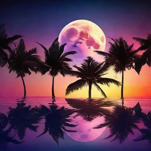  beautiful sunset view of a tropical paradise with palm trees and viewable full moon