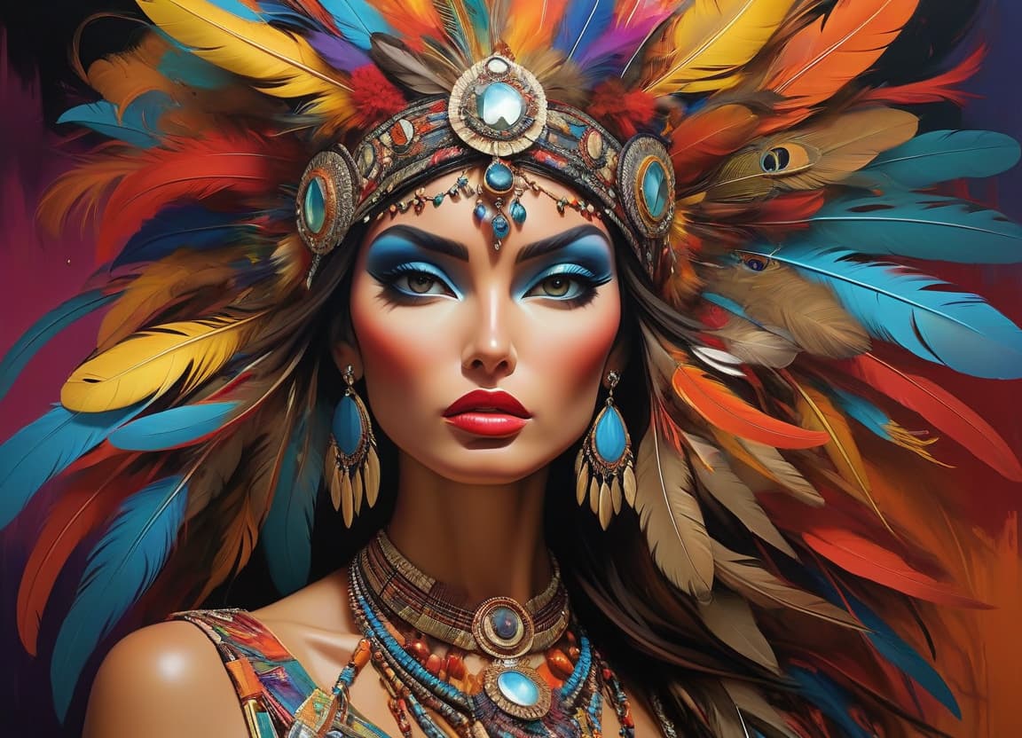  abstract expressionist painting An artistic, vibrant image of a woman adorned with elaborate jewelry and feathers, showcasing intricate designs and rich colors. . energetic brushwork, bold colors, abstract forms, expressive, emotional hyperrealistic, full body, detailed clothing, highly detailed, cinematic lighting, stunningly beautiful, intricate, sharp focus, f/1. 8, 85mm, (centered image composition), (professionally color graded), ((bright soft diffused light)), volumetric fog, trending on instagram, trending on tumblr, HDR 4K, 8K