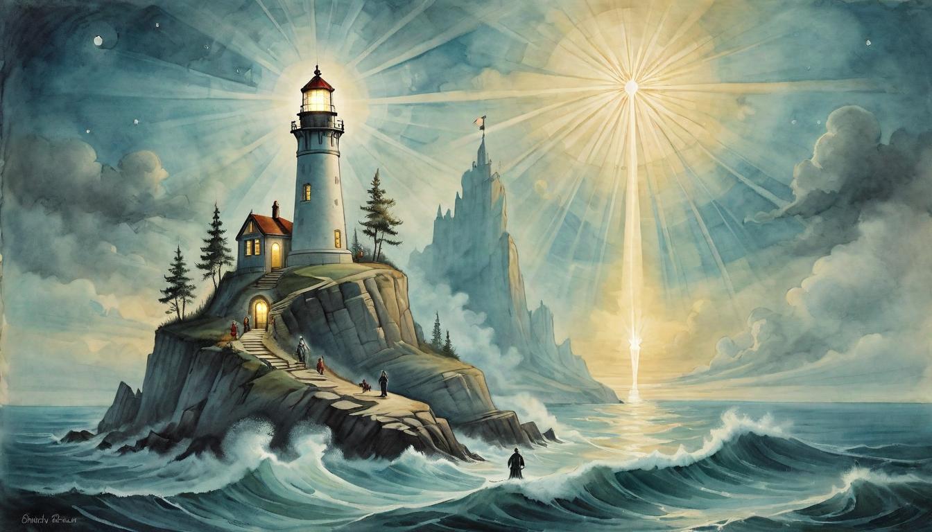  on parchment, surrealism+++, A lighthouse like figure standing on a cliff, beams of light reaching out to other distant lands, figures following the light paths, guiding light, beacon of hope, transcendence(mysterious, provocative, symbolic,muted color)+++