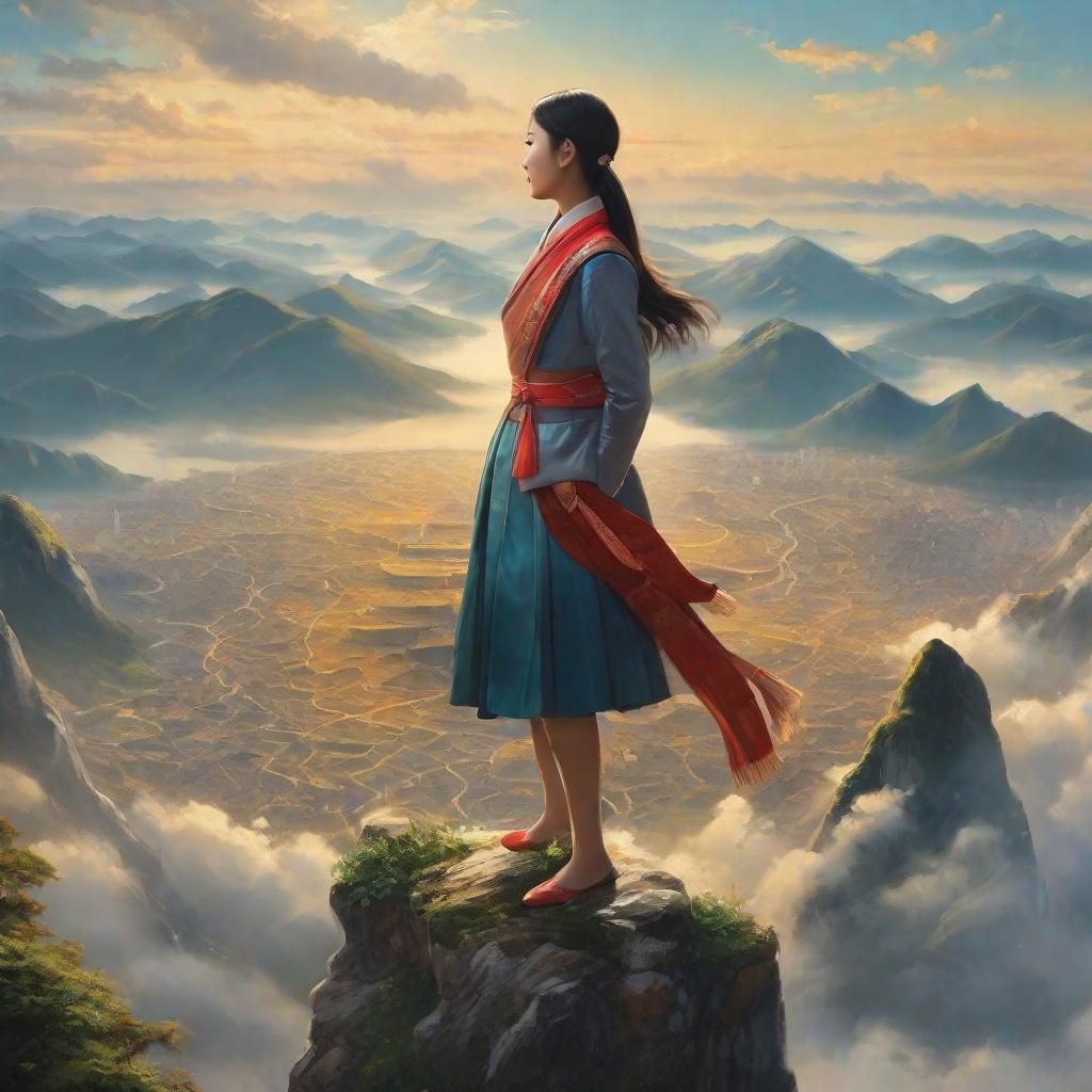  masterpiece, best quality, an asian girl standing on top of the world