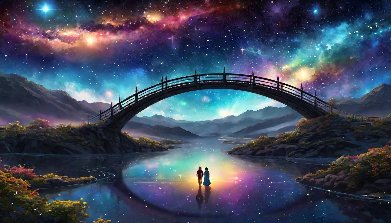  digital illustration, A bridge of light spanning across the cosmos, connecting stars, journey of fulfillment, interstellar connection, pathway to harmony, celestial unity, looking at viewer, dynamic pose, (intricate details, masterpiece, best quality)