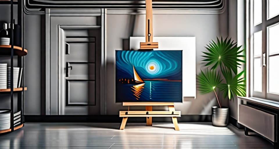  a studio with a painting on an easel, modern, detailed, used paints, brushes, bright lighting, close up