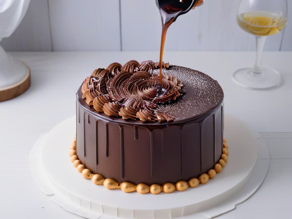  An ultradetailed closeup image of a rich, velvety chocolate ganache being poured over a perfectly smooth and glossy cake, showcasing the luxurious shine and texture of the ganache as it cascades down the sides of the cake in a mesmerizing swirl of decadence. hyperrealistic, full body, detailed clothing, highly detailed, cinematic lighting, stunningly beautiful, intricate, sharp focus, f/1. 8, 85mm, (centered image composition), (professionally color graded), ((bright soft diffused light)), volumetric fog, trending on instagram, trending on tumblr, HDR 4K, 8K