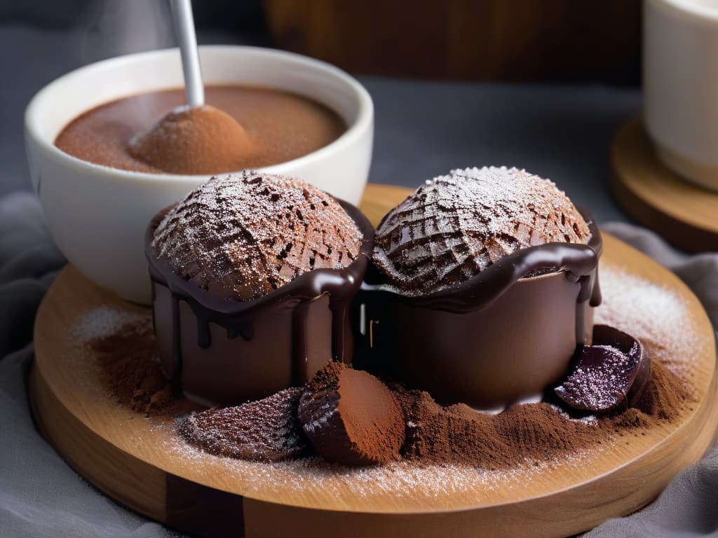  A closeup, ultradetailed image of a decadent chocolate truffle being gently dipped into a steaming cup of rich, velvety hot chocolate. The truffle is coated in a glossy layer of dark chocolate and dusted with a sprinkle of cocoa powder, while wisps of steam rise from the hot chocolate, creating a warm and inviting atmosphere. The colors are deep and rich, emphasizing the indulgent nature of this sweet winter treat. hyperrealistic, full body, detailed clothing, highly detailed, cinematic lighting, stunningly beautiful, intricate, sharp focus, f/1. 8, 85mm, (centered image composition), (professionally color graded), ((bright soft diffused light)), volumetric fog, trending on instagram, trending on tumblr, HDR 4K, 8K