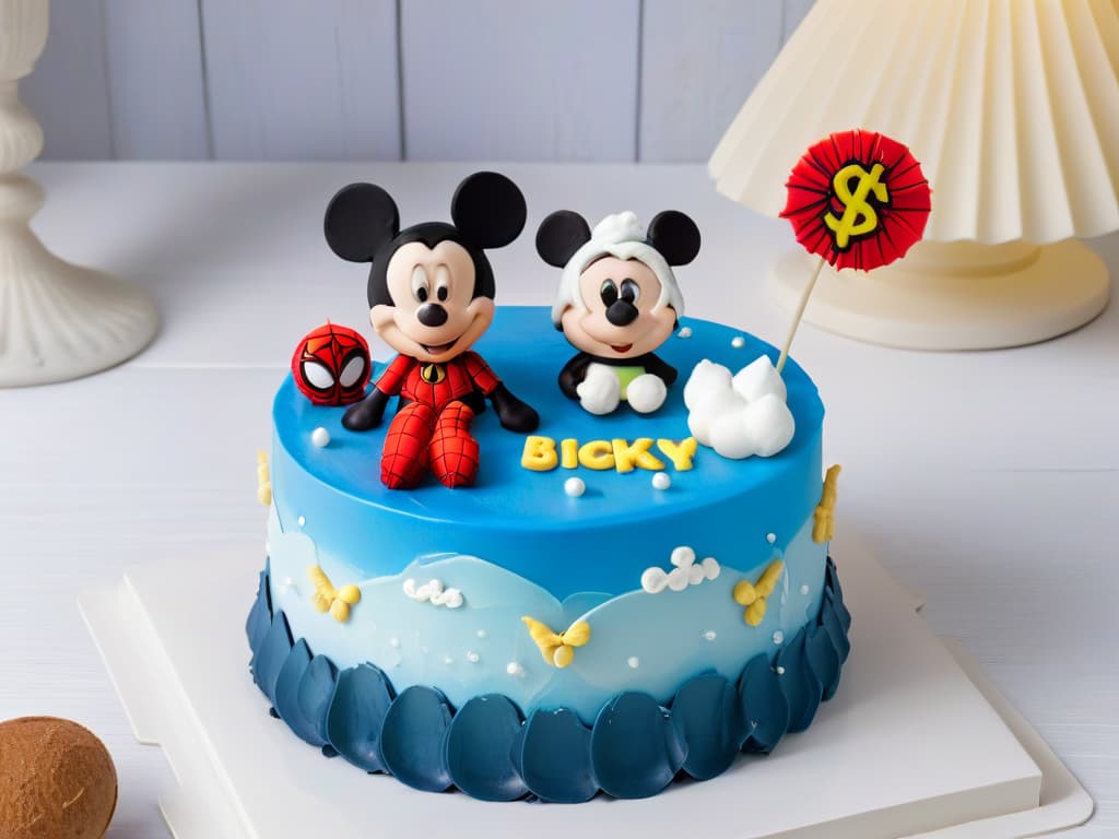  A highly detailed closeup image of a beautifully crafted fondant cake topper featuring popular licensed characters like Mickey Mouse, Elsa from Frozen, and SpiderMan. The intricate details of the edible figurines are highlighted, showcasing the skill and creativity involved in incorporating licensed products into baking and confectionery arts. The vibrant colors, precise sculpting, and whimsical expressions on the characters' faces make this image visually captivating and inspiring for readers looking to elevate their baking creations with licensed products. hyperrealistic, full body, detailed clothing, highly detailed, cinematic lighting, stunningly beautiful, intricate, sharp focus, f/1. 8, 85mm, (centered image composition), (professionally color graded), ((bright soft diffused light)), volumetric fog, trending on instagram, trending on tumblr, HDR 4K, 8K