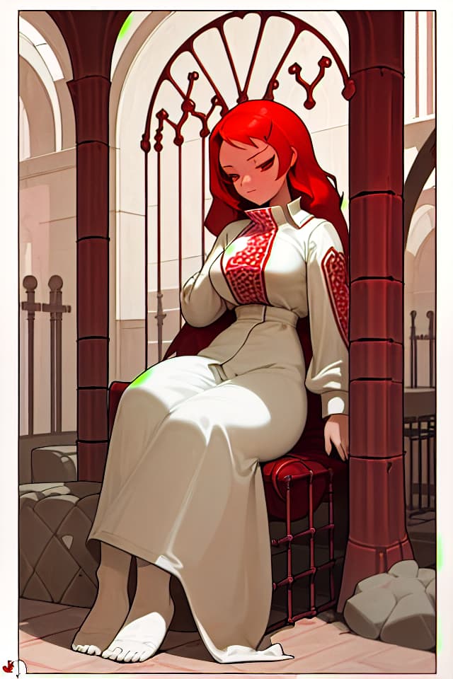  Masterpiece,(((gaol)))1.5,(((thick iron bars in foreground)))1.7,lone woman,(((relaxing gracefully))),delicate red hair color,delicate face,winking,(((white prison uniform: border pattern)))1.5,plush sofa,plush table,fruit,wine,sitting,dark background,stone wall,high quality,8K