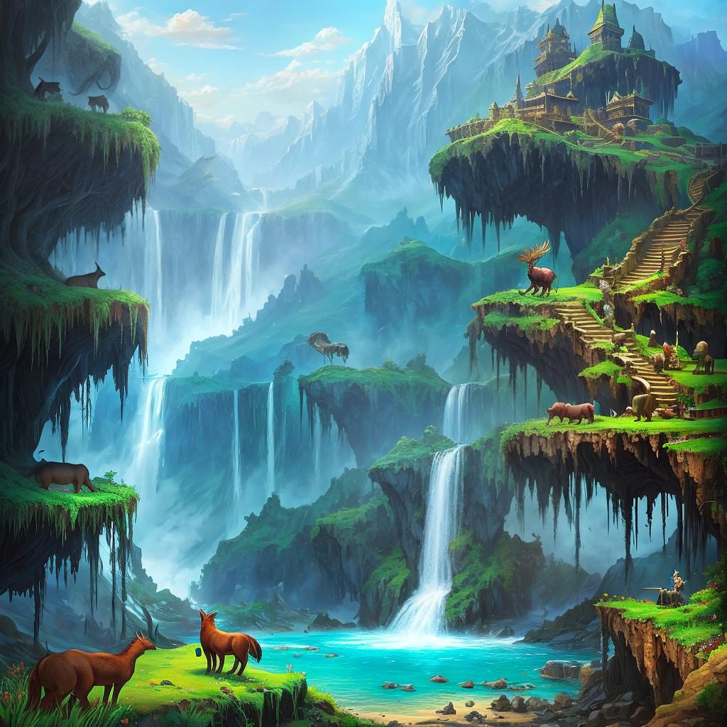  in a fantasy setting, Paint a surreal landscape where mythical beasts roam amidst cascading waterfalls.