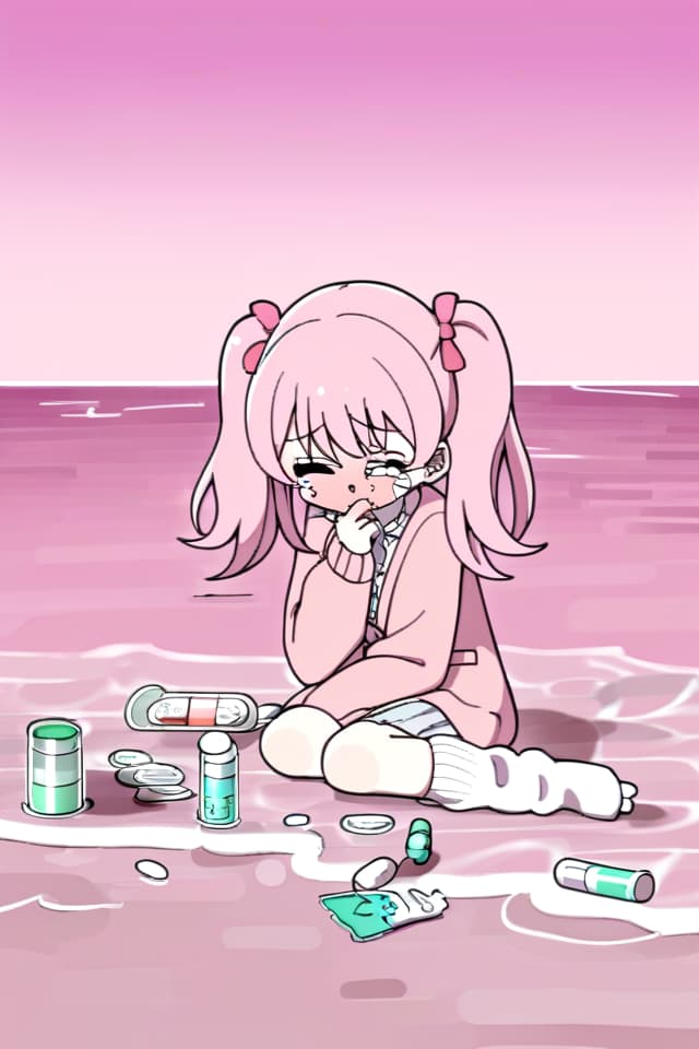  Drugs, pink, pink sky, pink cardigan, pink cardigan, , tears, tears, twin tails, bottom, loose socks, medicine, sea, cute, pink 