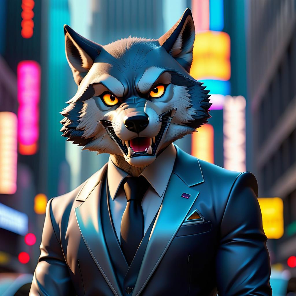  metropolis themed A full sized wolf, not very tall, humanoid body, bold gaze, bold smile, frowning brows. A jacket, an expensive business suit. Rich, a con artist, expensive watches on his wrist, hands folded in a fist, a sneer, the appearance of a predator. Background with gradient, backlight. 3D style. . urban, cityscape, skyscrapers, modern, futuristic, highly detailed hyperrealistic, full body, detailed clothing, highly detailed, cinematic lighting, stunningly beautiful, intricate, sharp focus, f/1. 8, 85mm, (centered image composition), (professionally color graded), ((bright soft diffused light)), volumetric fog, trending on instagram, trending on tumblr, HDR 4K, 8K