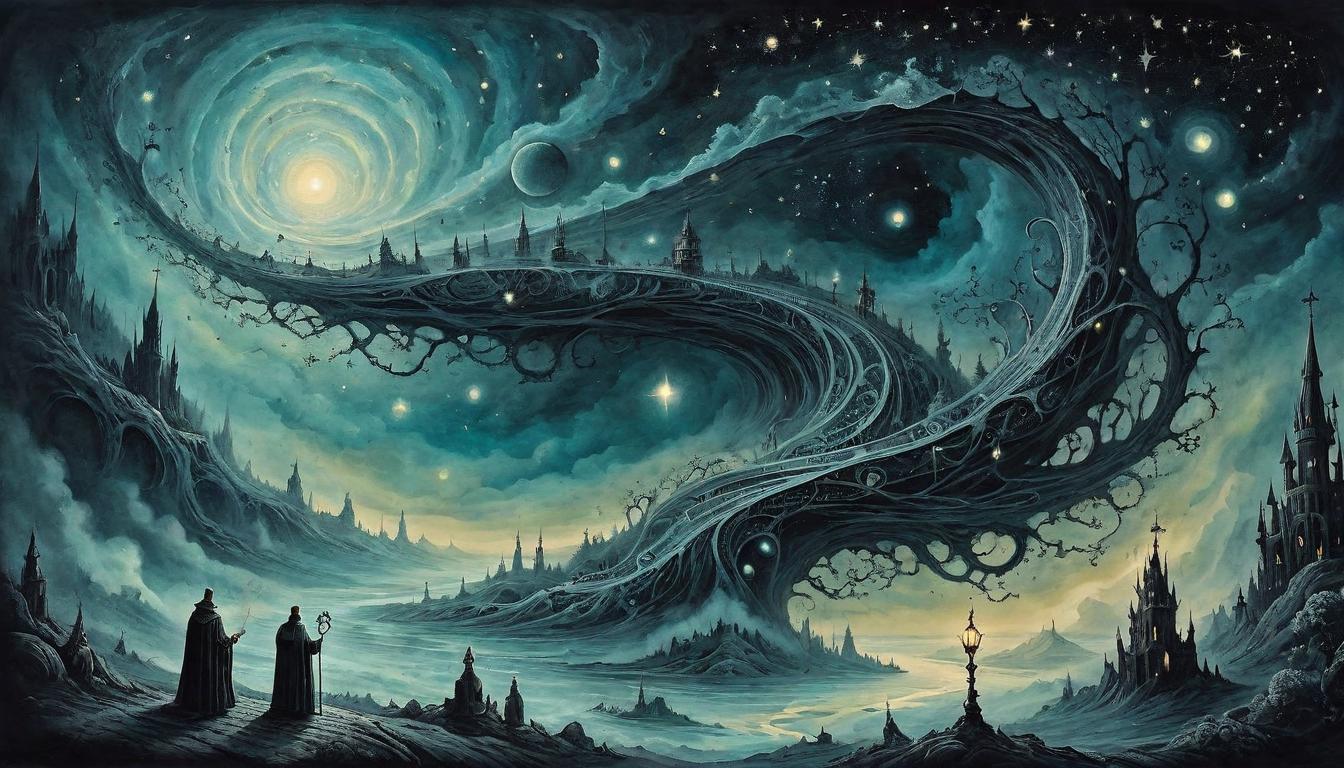  on parchment, surrealism+++, Ethereal ripples in a dark, starry void, traces left by unseen hands, luminous paths intertwining, glimmers of past and future, evanescent, indelible mark(mysterious, provocative, symbolic,muted color)+++