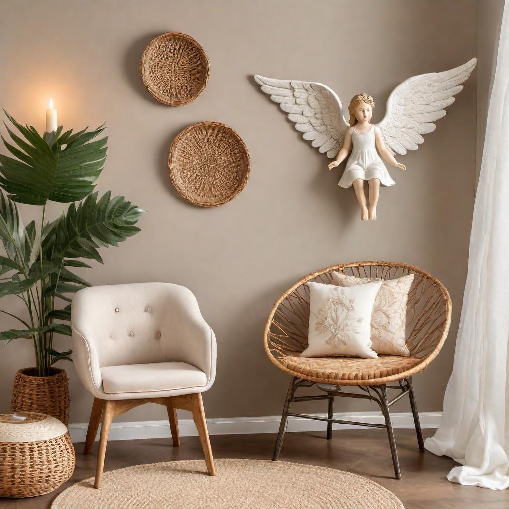  An Instagram Reel post featuring new arrivals at a shop, including vintage nightstands, a rattan child's chair, a rustic metal child's chair, and a ceramic angel. The visual layout shows the furniture items in a stylish, well-decorated room setting. The vintage nightstands have a retro look, the rattan child's chair is natural and earthy, the rustic metal child's chair has a charming weathered look, and the ceramic angel is serene and detailed. The background has a chic, cozy aesthetic with soft lighting and welcoming decor. hyperrealistic, full body, detailed clothing, highly detailed, cinematic lighting, stunningly beautiful, intricate, sharp focus, f/1. 8, 85mm, (centered image composition), (professionally color graded), ((bright soft diffused light)), volumetric fog, trending on instagram, trending on tumblr, HDR 4K, 8K