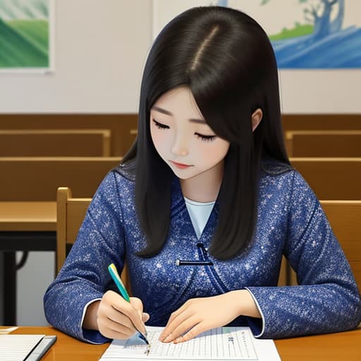  Draw a picture of a Chinese girl studying,