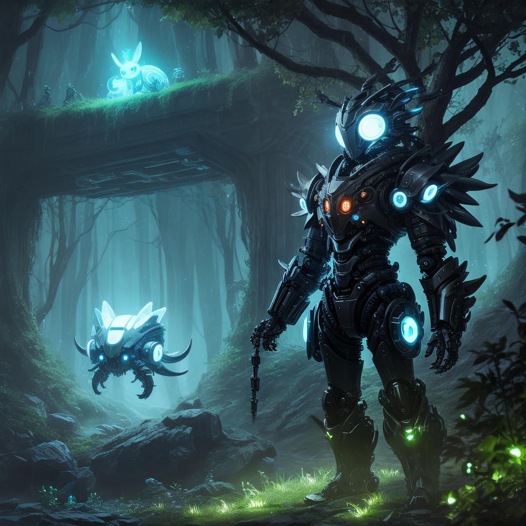  A look weird mechanical creature with big cute eyes and futuristic bioluminescent armor of chestnut tree