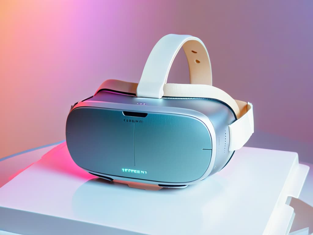  A closeup, ultradetailed image of a virtual reality headset suspended in midair, surrounded by a faint glow of digital light particles. The headset is sleek and modern, with intricate textures visible on its surface, reflecting the idea of exploring virtual reality in baking education. The background is a subtle gradient of soft pastel colors, creating a minimalist and futuristic aesthetic. hyperrealistic, full body, detailed clothing, highly detailed, cinematic lighting, stunningly beautiful, intricate, sharp focus, f/1. 8, 85mm, (centered image composition), (professionally color graded), ((bright soft diffused light)), volumetric fog, trending on instagram, trending on tumblr, HDR 4K, 8K