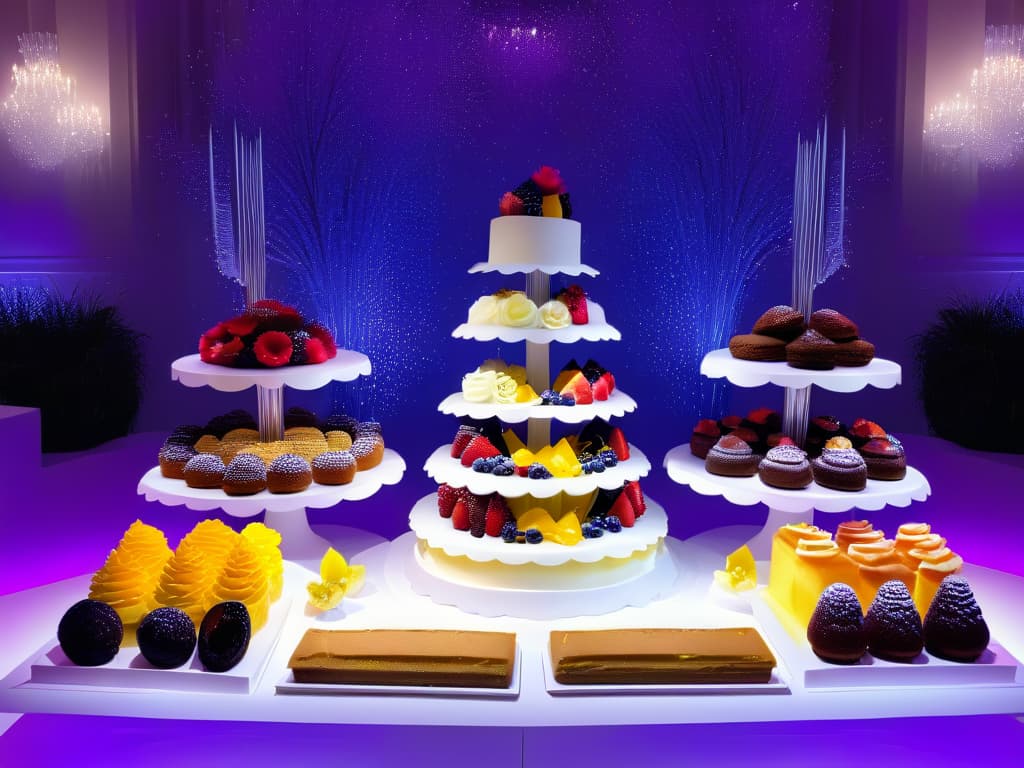  A stunning 8k ultradetailed image of a sleek, modern dessert table at a sophisticated event, featuring an array of intricately designed 3D printed desserts in various shapes and colors. The desserts are elegantly displayed on minimalist white platters against a backdrop of soft, ambient lighting, creating a visually striking and luxurious aesthetic. hyperrealistic, full body, detailed clothing, highly detailed, cinematic lighting, stunningly beautiful, intricate, sharp focus, f/1. 8, 85mm, (centered image composition), (professionally color graded), ((bright soft diffused light)), volumetric fog, trending on instagram, trending on tumblr, HDR 4K, 8K