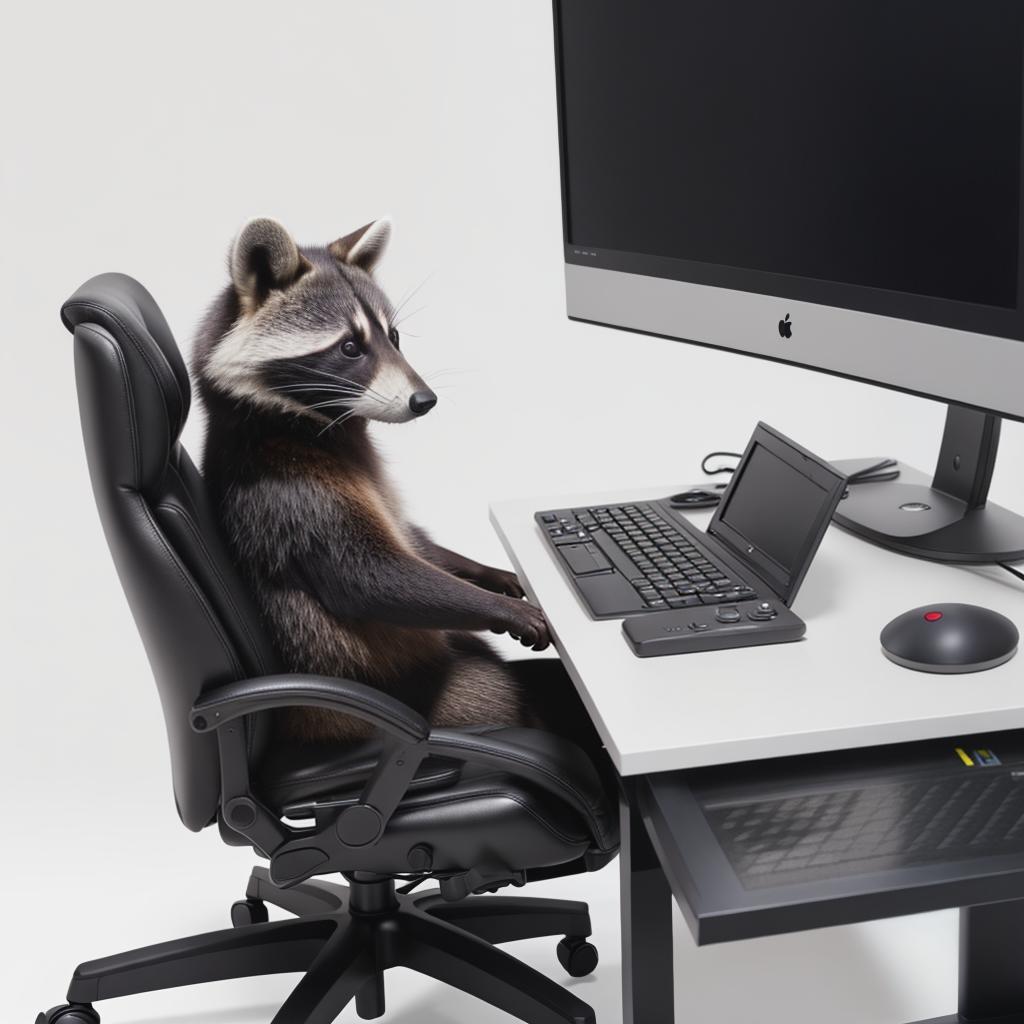  raccoon sitting in gaming chair front a computer on desktop, ((semi anthropomorphic)),(full body), tail, belly, sitting, fat, (chubby), (((white background))), solo, desktop, gaming chair, side view,  [[[clothes]]] hyperrealistic, full body, detailed clothing, highly detailed, cinematic lighting, stunningly beautiful, intricate, sharp focus, f/1. 8, 85mm, (centered image composition), (professionally color graded), ((bright soft diffused light)), volumetric fog, trending on instagram, trending on tumblr, HDR 4K, 8K