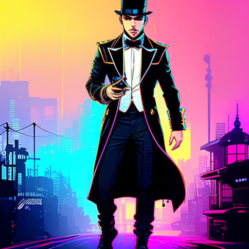 nvinkpunk nvinkpunk snthwve style nvinkpunk, a cool English gentleman, top hat,cane , living in a neo. fused Victorian london, high quality, highly detailed, intricate, sharp focus, (centered image composition), digital painting, concept art, smooth, illustration, 4K, 8K