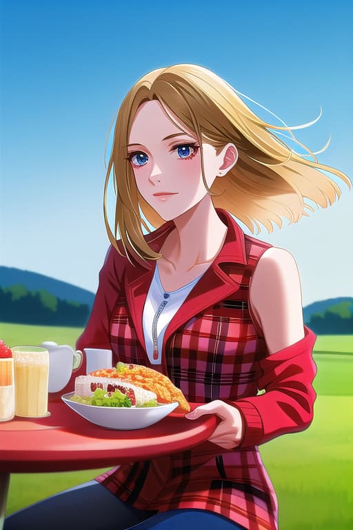  (adult:1.4), Country girl, on meadow, red flannel jacket, white tank top, sitting at a breakfast table with breakfast in front of her, masterpiece, (detailed face), (detailed clothes), f/1.4, ISO 200, 1/160s, 4K, unedited, symmetrical balance, in-frame, masterpiece, perfect lighting, (beautiful face), (detailed face), (detailed clothes), 1 girl, (woman), 4K, ultrarealistic, unedited, symmetrical balance, in-frame