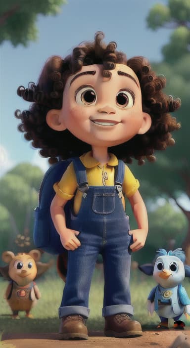  {Riley looking up at the tree with a big smile, animals surrounding them., Riley, a curious with big brown eyes and curly hair, wearing overalls and carrying a small backpack. Their friend, Skye, a bluebird with shiny feathers.